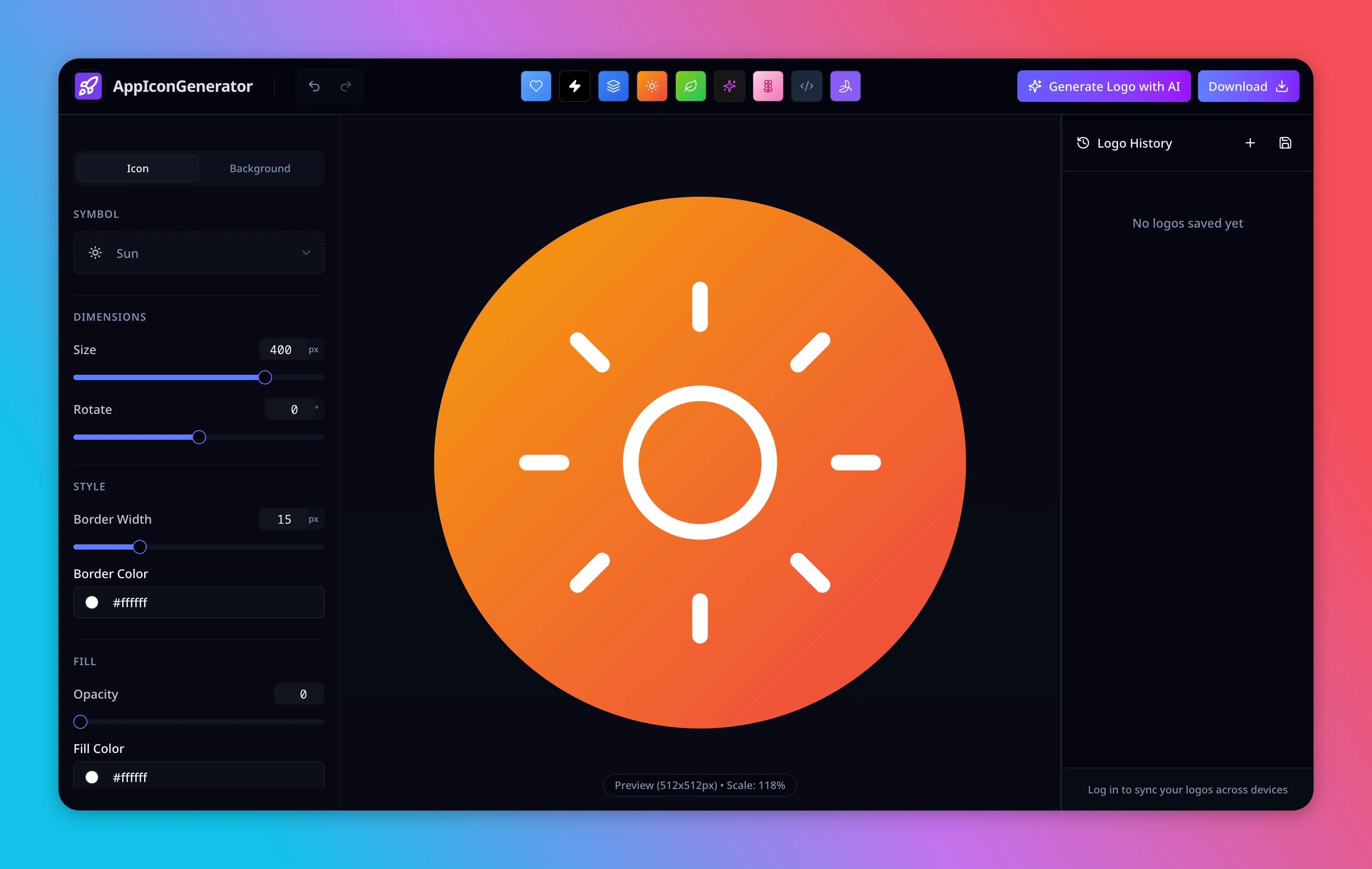 AppIconGenerator logo editor showing a sun symbol, style controls, preview canvas, and logo history panel