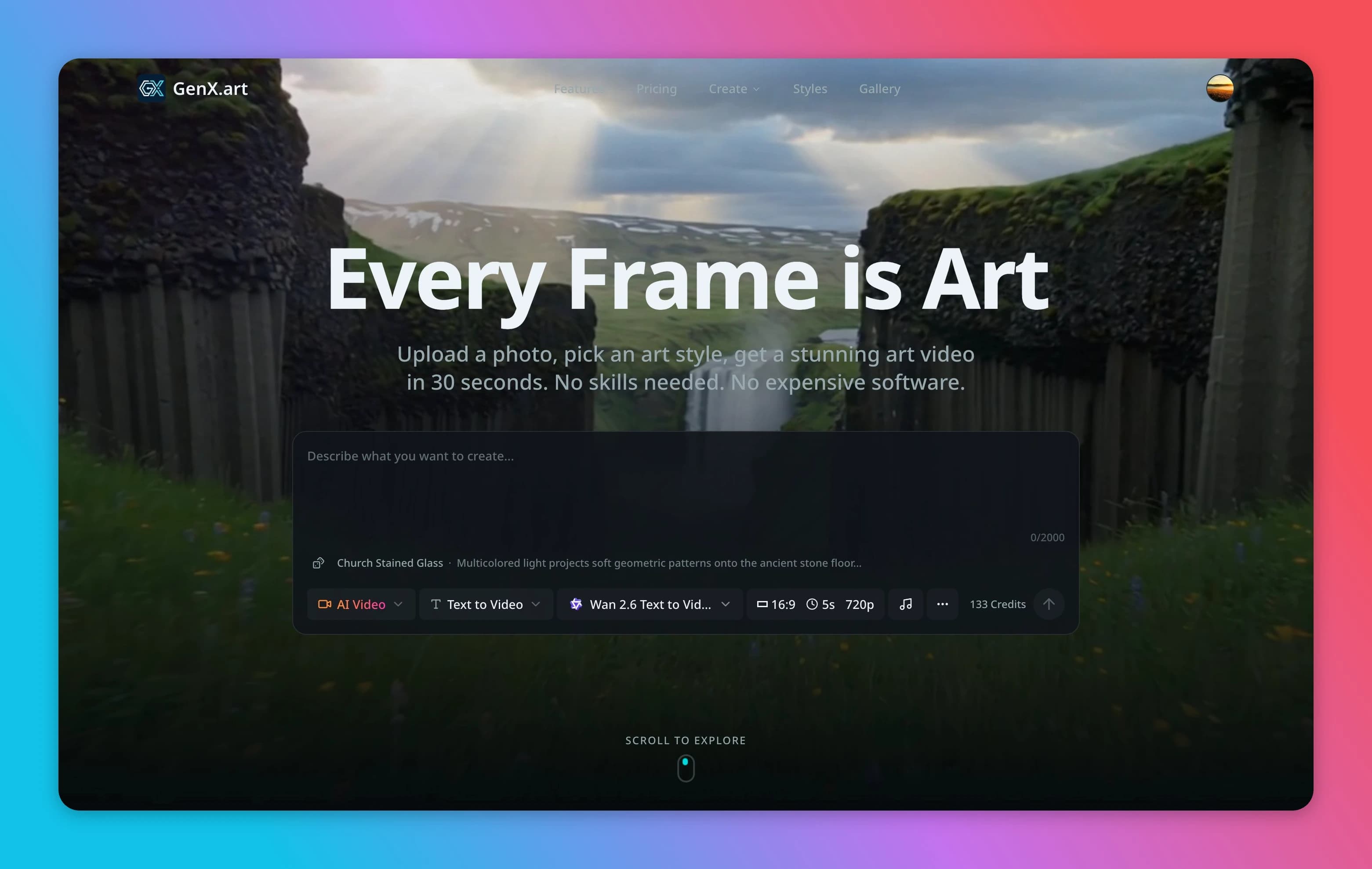GenX.art interface with a landscape video preview, prompt field, model controls, aspect ratio, duration, resolution, and credit count